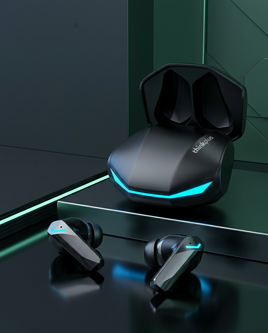 Black Thinkplus gaming earbuds with charging case